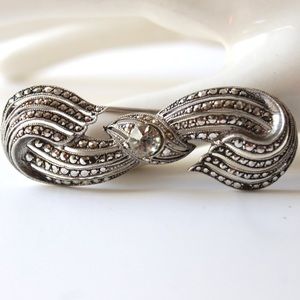 1930s Marcasite And Diamant Sterling Bow Brooch - image 1